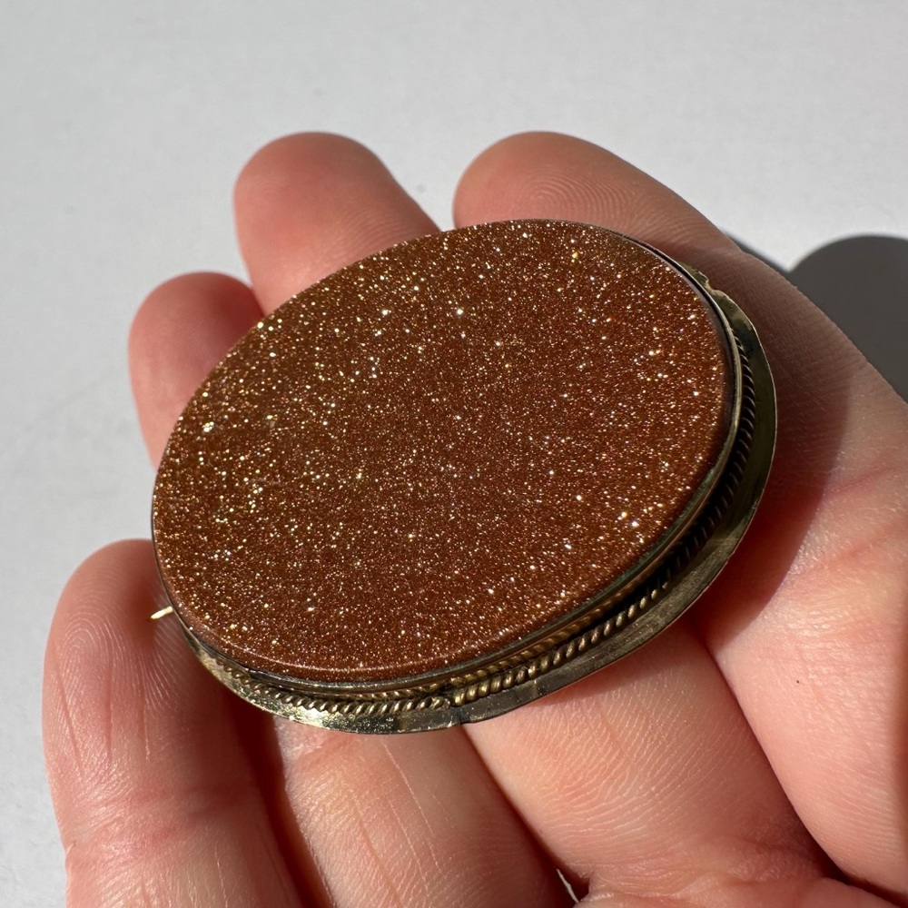 Gold Filled Victorian Era Glittering Sunstone Goldstone Brooch Pin early 1900s
